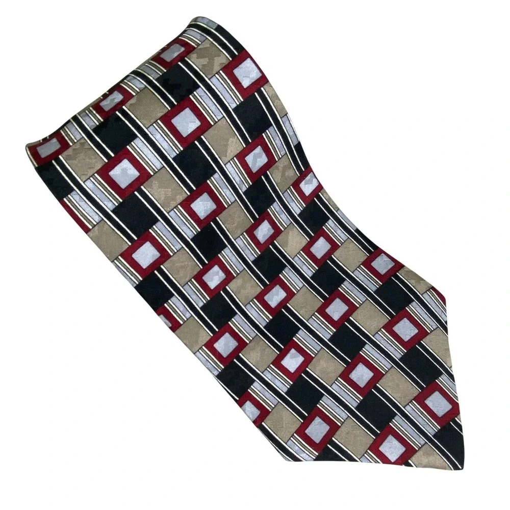 VTG Wembley‎ Necktie Mens OS Geometric Silk Red Black Grey Tan Minimalist 57x4